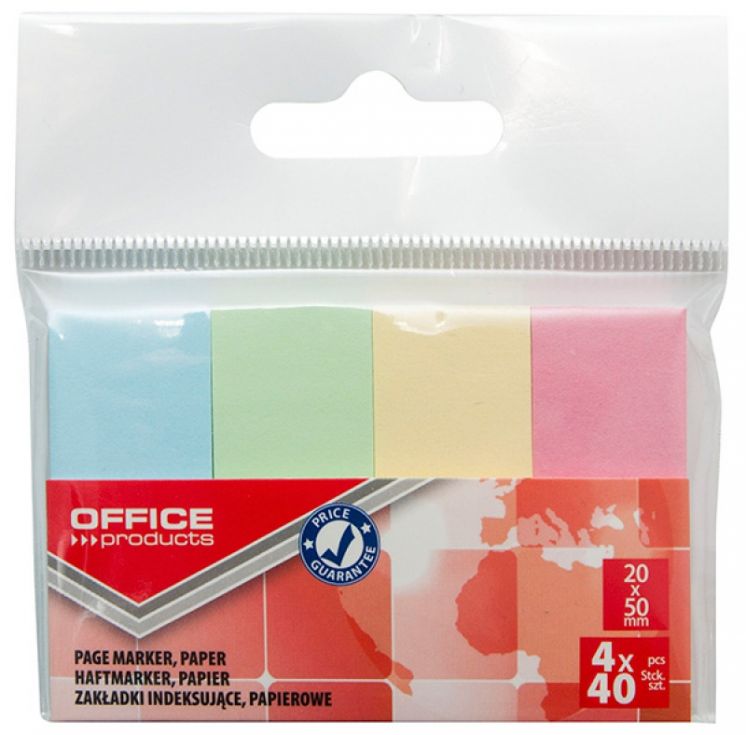 ZAKŁADKI INDEKSUJĄCE OFFICE PRODUCTS PAPIEROWE 20X50MM 4X40 KARTEK MIX KOLORÓW PASTELOWYCH