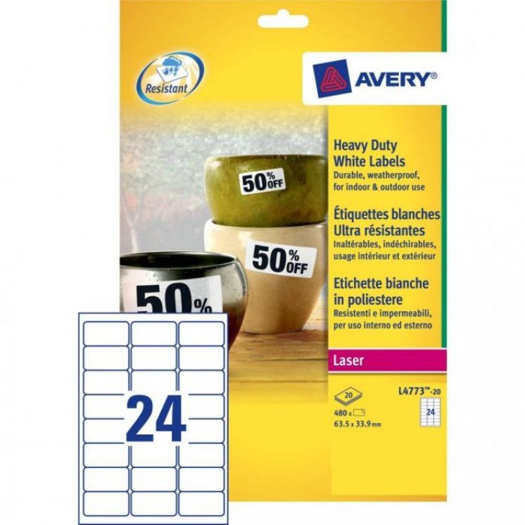 Etykiety AVERY ZWECKFORM Heavy Duty A4, 20 ark./op., 63,5x33,9mm, białe