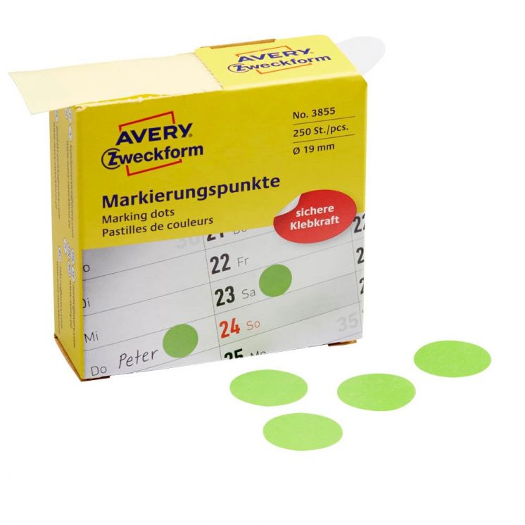 Kółka do zaznaczania w dyspenserze Avery Zweckform, trwałe, 250 szt. / rolka, Ø19 mm, zielone