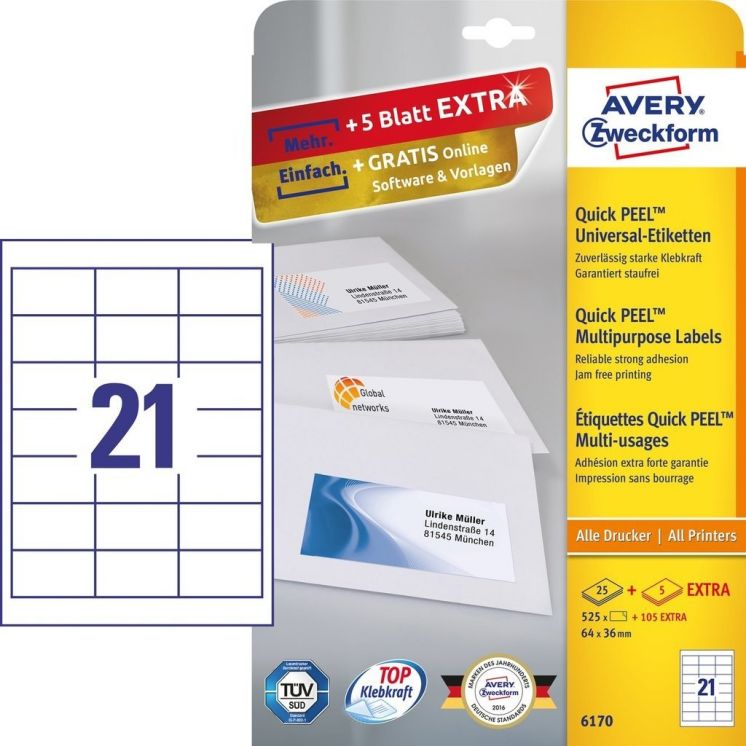 Etykiety uniwersalne A4 25 arkuszy + 5 arkuszy Extra 64 x 36 mm białe Avery Zweckform