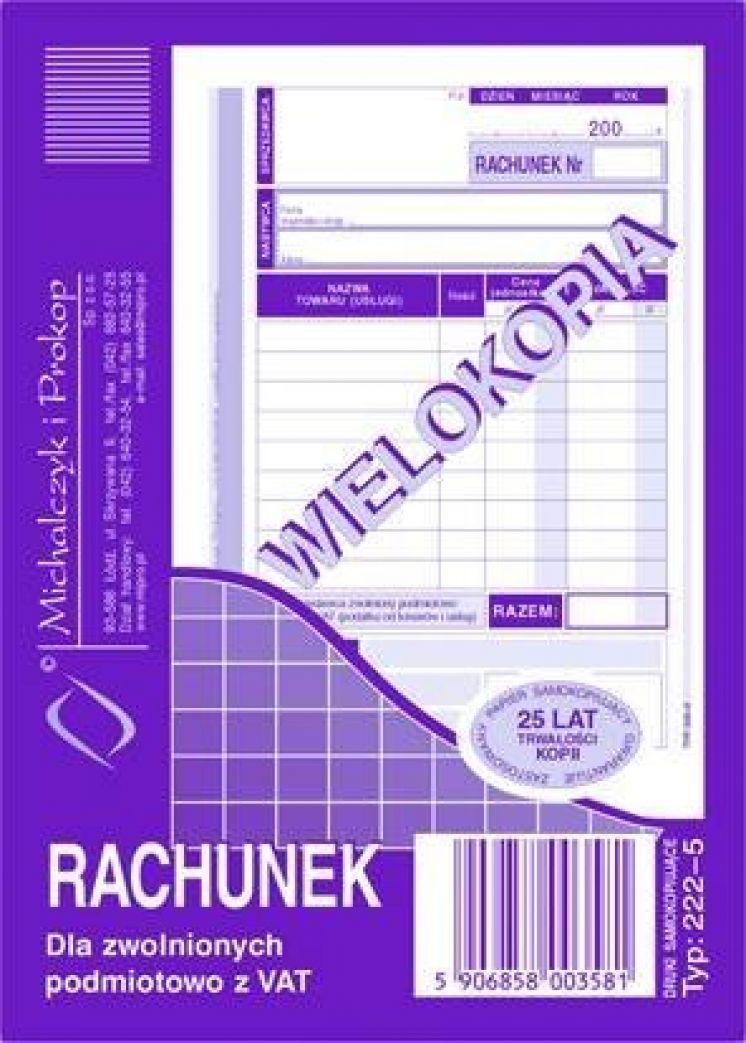 Rachunek dla zwolnionych podmiotowo z vat MICHALCZYK I PROKOP A6 wielokopia